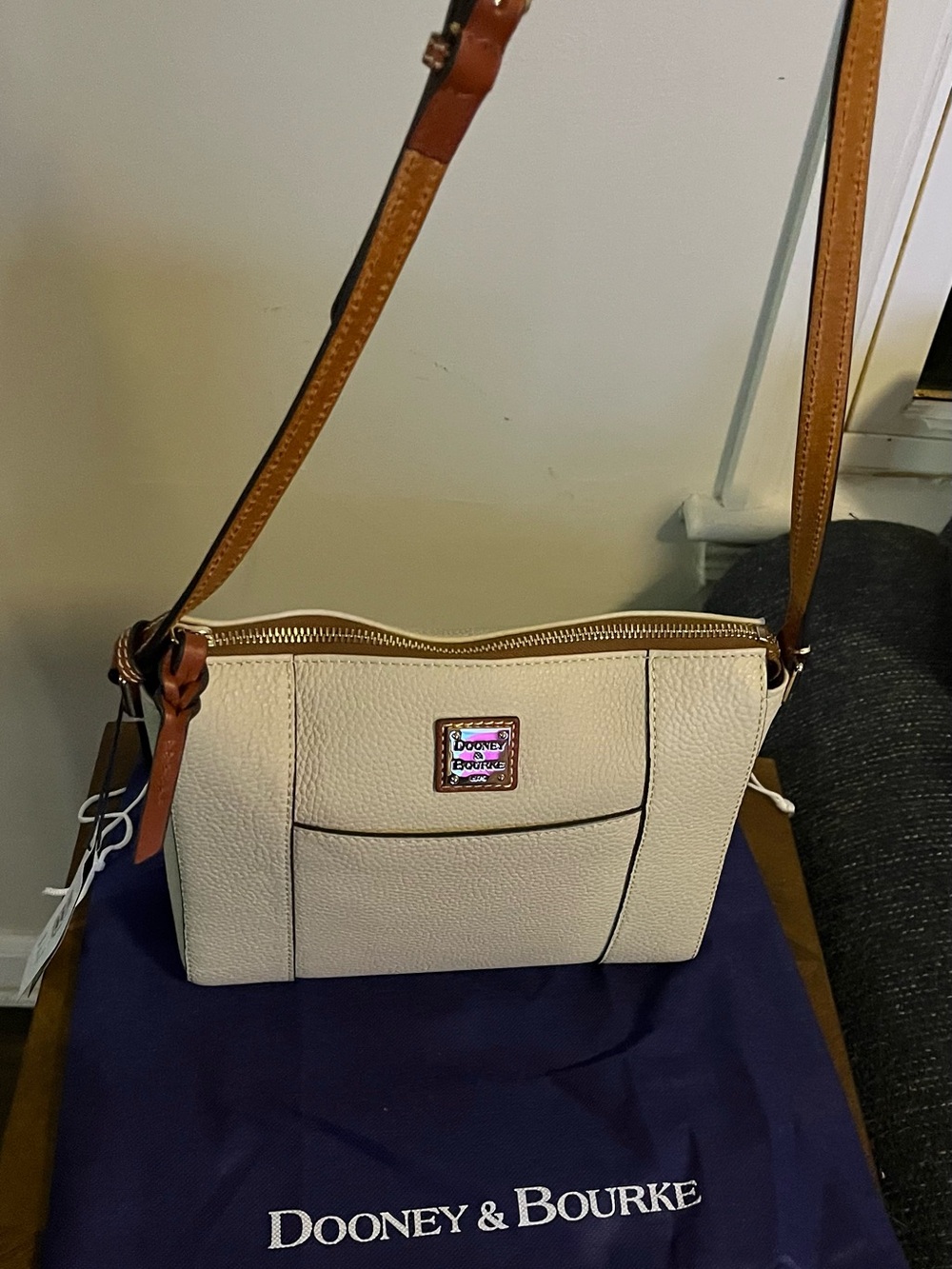 Dooney & Bourke Cream Pebble Leather Crossbody with Brown Trim
